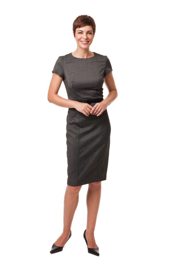 Businesswoman in Gray Dress Isolated on White